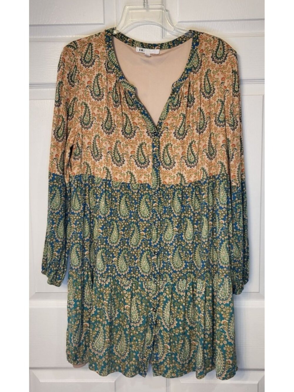 DR2 Paisley Boho Tiered Long Sleeve Vneck Front Button Cottagecore Dress Large